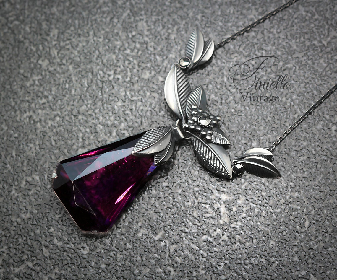 Vintage 1930s Art Deco Czech, Floral Necklace, Leafs, Purple Glass Amethyst, Marcasite, Silver Plated, Unique Gift Jewellery for Women