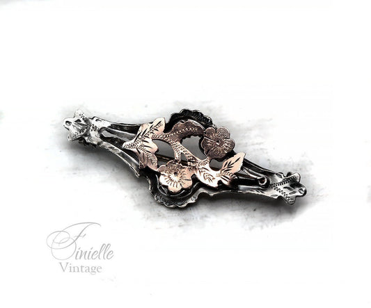 Antique Victorian 1870-1900 Sterling Silver and Rose Gold, Floral Engraved Brooch, Stamped STERLING, Antique Vintage Gift Jewelry Jewellery