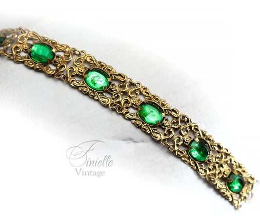 Vintage 1930s Art Deco Czech Filigree Panel Bracelet, Emerald Green Glass Rhinestones, Gold Plated Brass, Gold Tone Unique Gift Jewelry