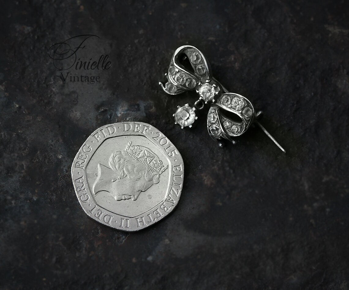 Sterling Silver Antique Victorian c1880-1900 Small Bow Brooch, Clear Glass Crystals, Unique Jewellery Jewelry Gift