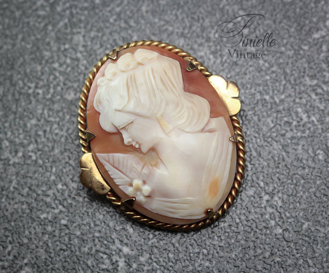 Antique Vintage 1920-1940 Art Deco Hand Carved Rolled Gold Shell Cameo Brooch Pin, Stamped RG, Unique Gift Jewelry Jewellery