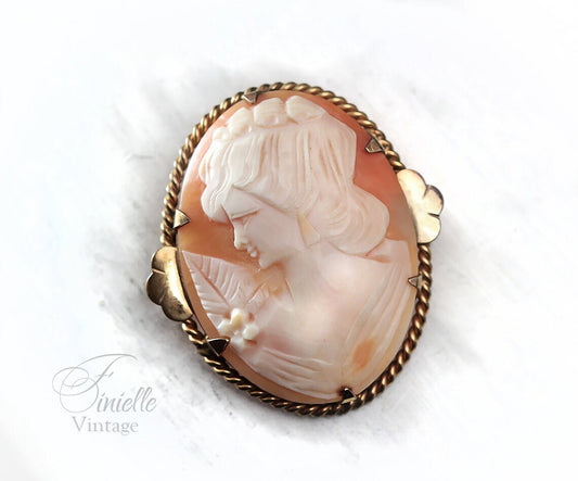 Antique Vintage 1920-1940 Art Deco Hand Carved Rolled Gold Shell Cameo Brooch Pin, Stamped RG, Unique Gift Jewelry Jewellery