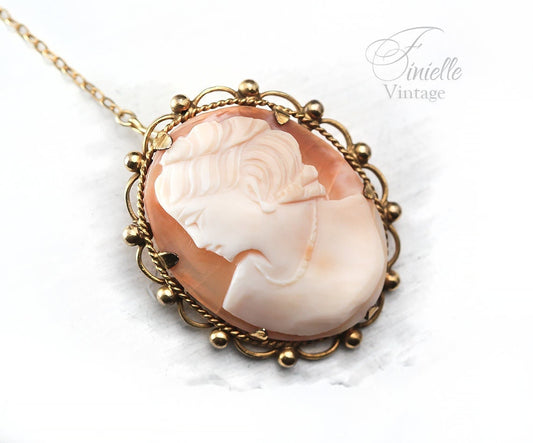 Antique 1880-1900 Victorian Hand Carved Rolled Gold Shell Cameo Brooch Pin, Stamped RG, Safety Chain, Unique Gift Jewelry Jewellery