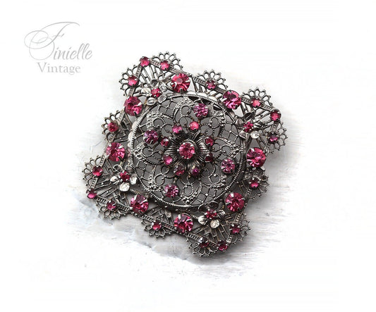 Art Deco Bohemian 1920-1930s Czech Filigree Brooch, Purple Pink Crystal Rhinestone, Silver Plated, Antique Vintage Jewelry, Gift for Women