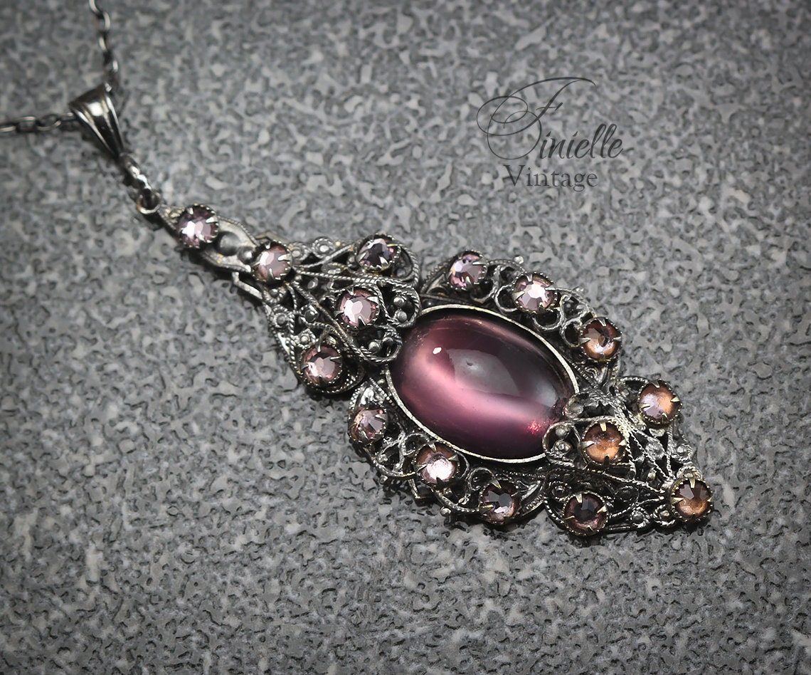 Antique Vintage 1920-1930 Czech Art Deco, Repurposed Earring, Filigree Ornate Pendant Necklace, Antique Silver Plated, Unique Vintage Gift