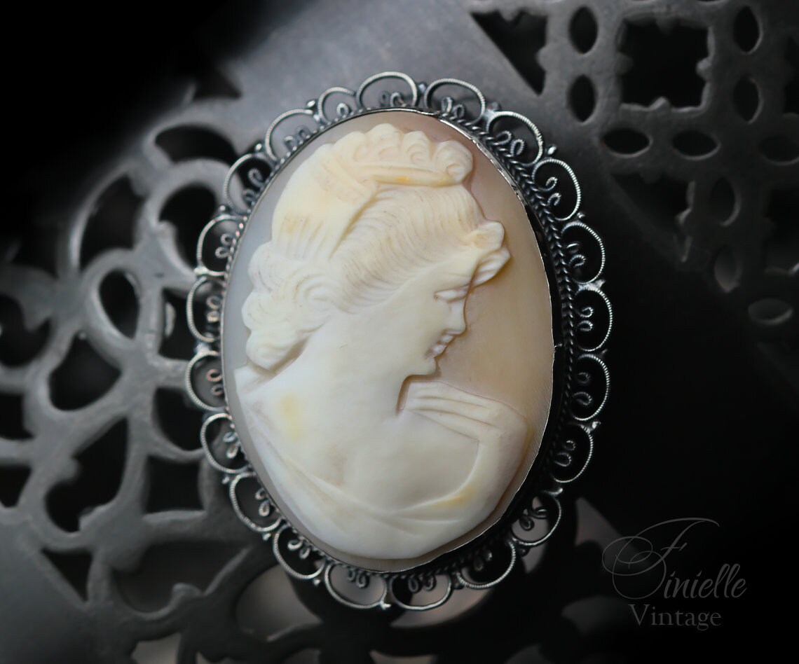 Vintage Art Deco c1930-40s, Hand Carved Shell Cameo Brooch Pin, Ornate Filigree Silver Plated, Unique Gift Jewelry Jewellery