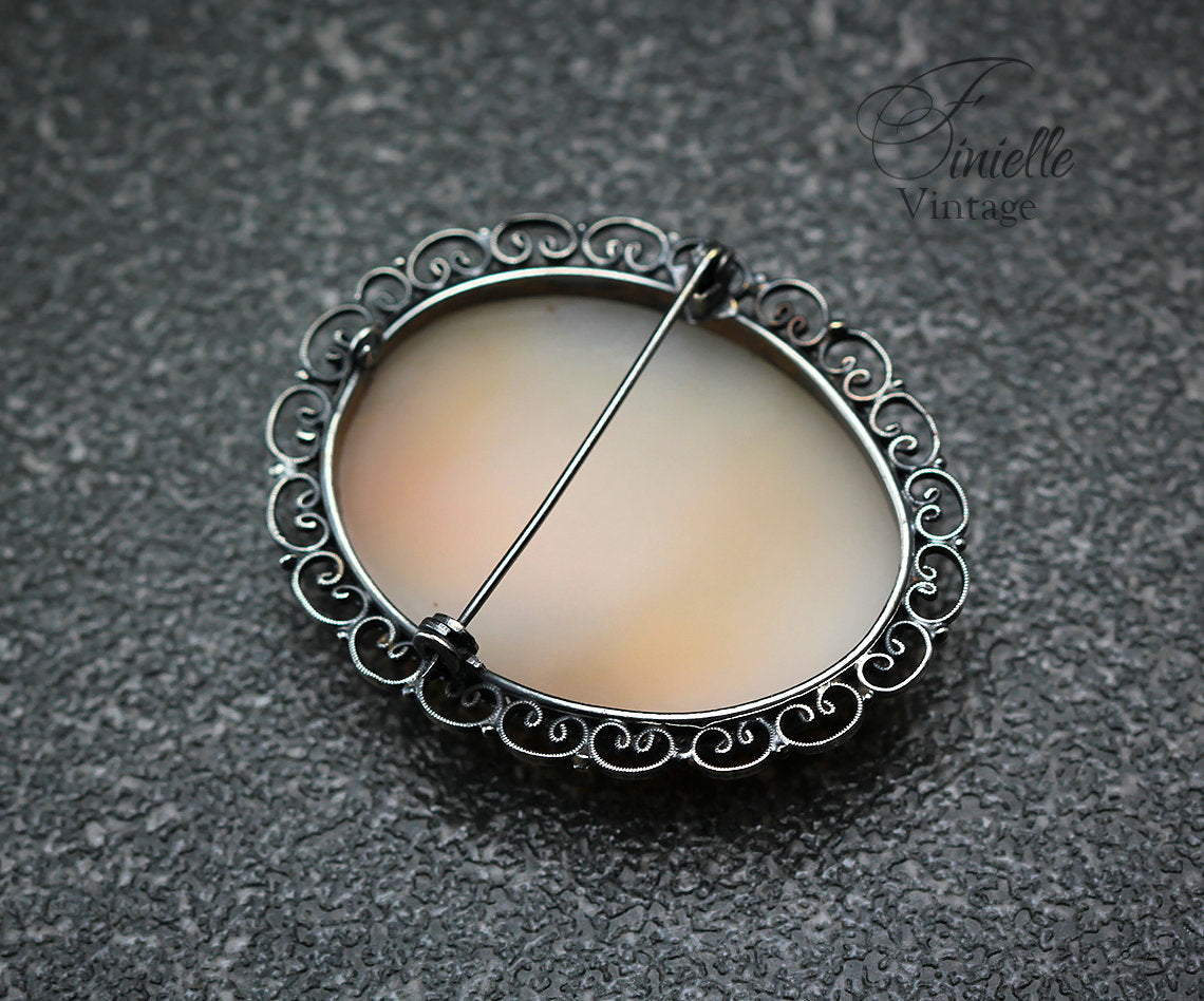 Vintage Art Deco c1930-40s, Hand Carved Shell Cameo Brooch Pin, Ornate Filigree Silver Plated, Unique Gift Jewelry Jewellery