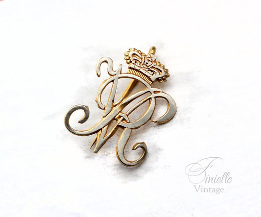 Antique Queen Victoria Initials Monogram Pin Badge, Gold Plated Brass, Silver Filled Front, RARE item