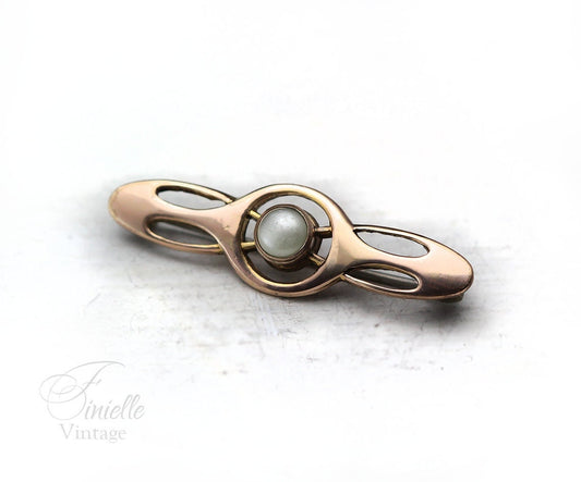 Antique Art Nouveau 1890-1900s Rolled Rose Gold Brooch Pin with Paste Pearl, Stamped CH, Gold-tone Jewellery Jewelry, Gift for Women
