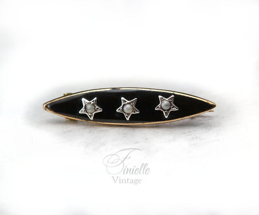 Antique Small Victorian Marquise Black Mourning Brooch Pin, Gold Plated, Sterling Silver Stars, Black Onyx, Seed Pearl, Antique Goth Jewelry