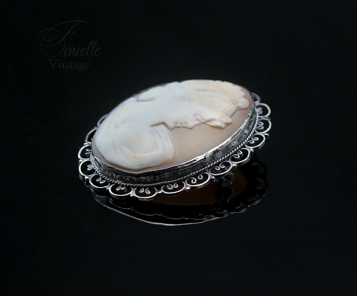 Vintage Art Deco c1930-40s, Hand Carved Shell Cameo Brooch Pin, Ornate Filigree Silver Plated, Unique Gift Jewelry Jewellery