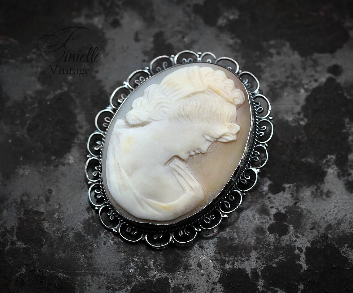 Vintage Art Deco c1930-40s, Hand Carved Shell Cameo Brooch Pin, Ornate Filigree Silver Plated, Unique Gift Jewelry Jewellery