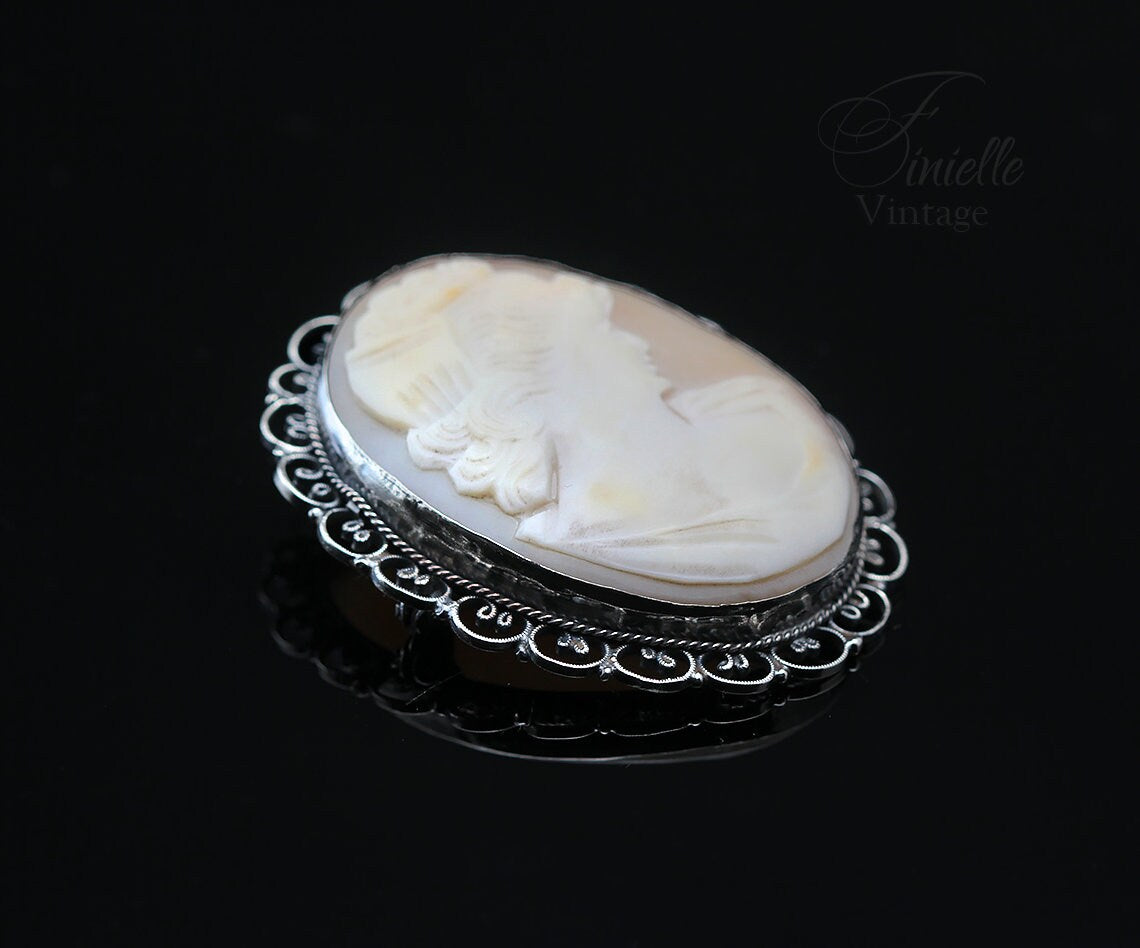 Vintage Art Deco c1930-40s, Hand Carved Shell Cameo Brooch Pin, Ornate Filigree Silver Plated, Unique Gift Jewelry Jewellery