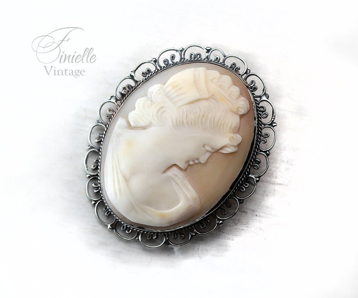 Vintage Art Deco c1930-40s, Hand Carved Shell Cameo Brooch Pin, Ornate Filigree Silver Plated, Unique Gift Jewelry Jewellery