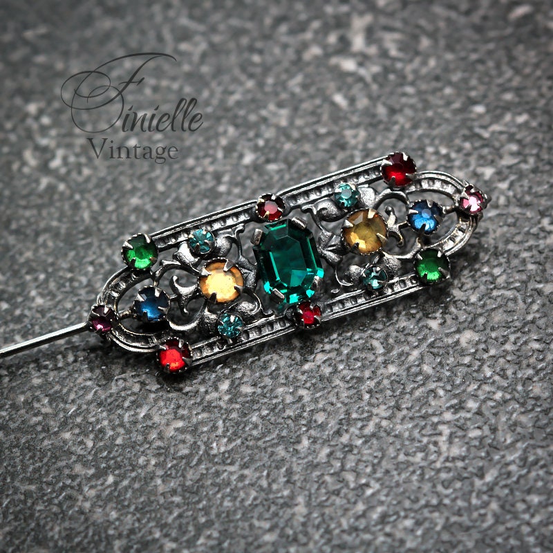 Art Deco Czech Bohemian 1920-1930s Brooch Pin, Mixed Colour Crystal Rhinestone, Silver Plated, Antique Vintage Gift Jewelry Jewellery