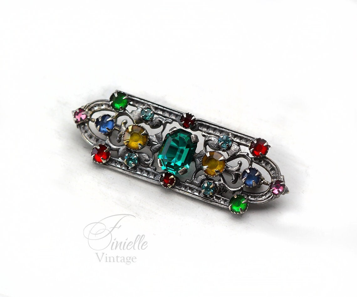 Art Deco Czech Bohemian 1920-1930s Brooch Pin, Mixed Colour Crystal Rhinestone, Silver Plated, Antique Vintage Gift Jewelry Jewellery