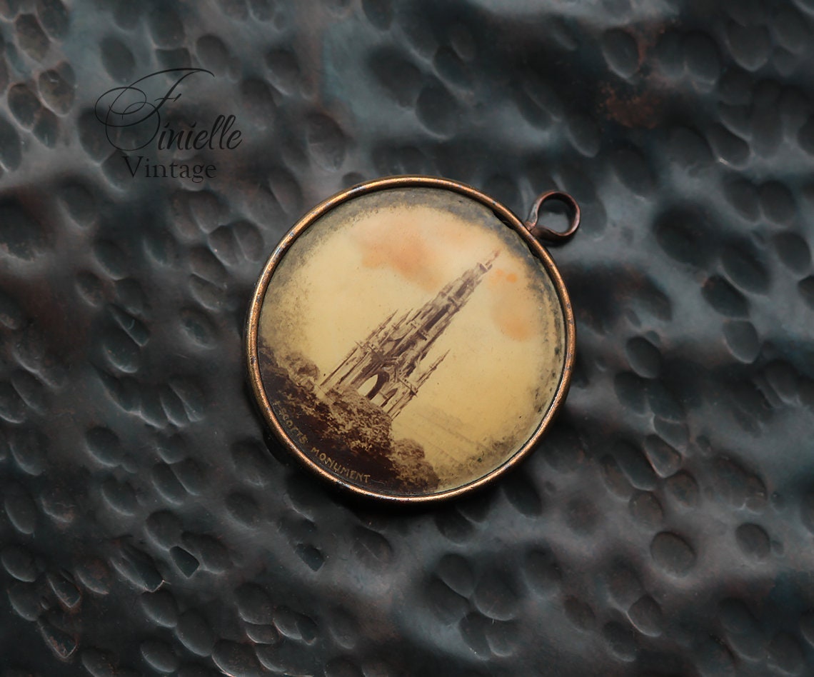 Antique Edwardian Bilateral Souvenir Small Locket Sepia Photo Pendant, Walter Scott Monument Edinburgh, Unique Jewelry Jewellery, RARE item