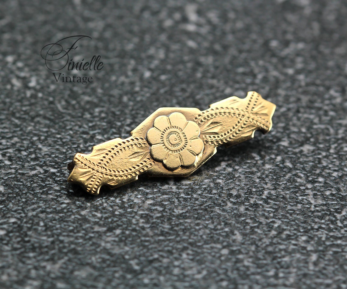 Antique Victorian Era c1880-1900 Hand Carved Small Floral Brooch Pin, Gold Filled Brass, Unique Gift Jewelry Jewellery