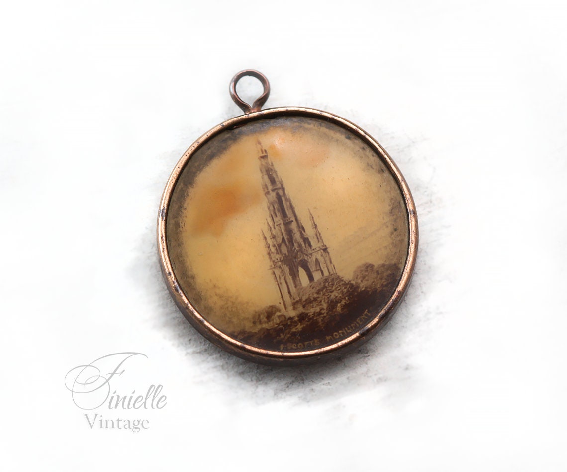 Antique Edwardian Bilateral Souvenir Small Locket Sepia Photo Pendant, Walter Scott Monument Edinburgh, Unique Jewelry Jewellery, RARE item