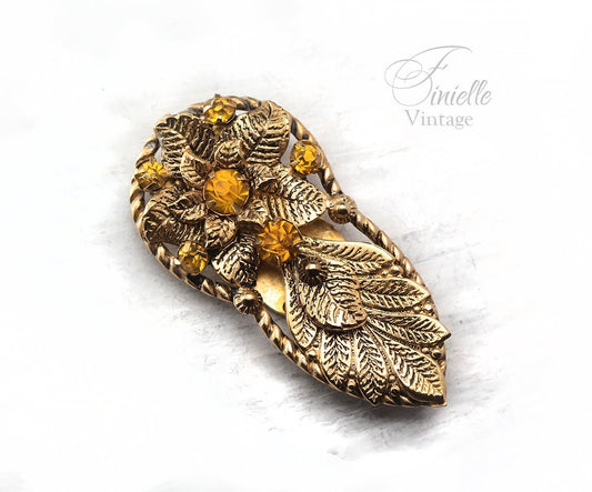 Vintage 1920-1930 Art Deco Czech Bohemian Floral Brooch Dress Clip, Gold Plated Brass, Yellow Crystal Rhinestones, Unique Vintage Jewelry