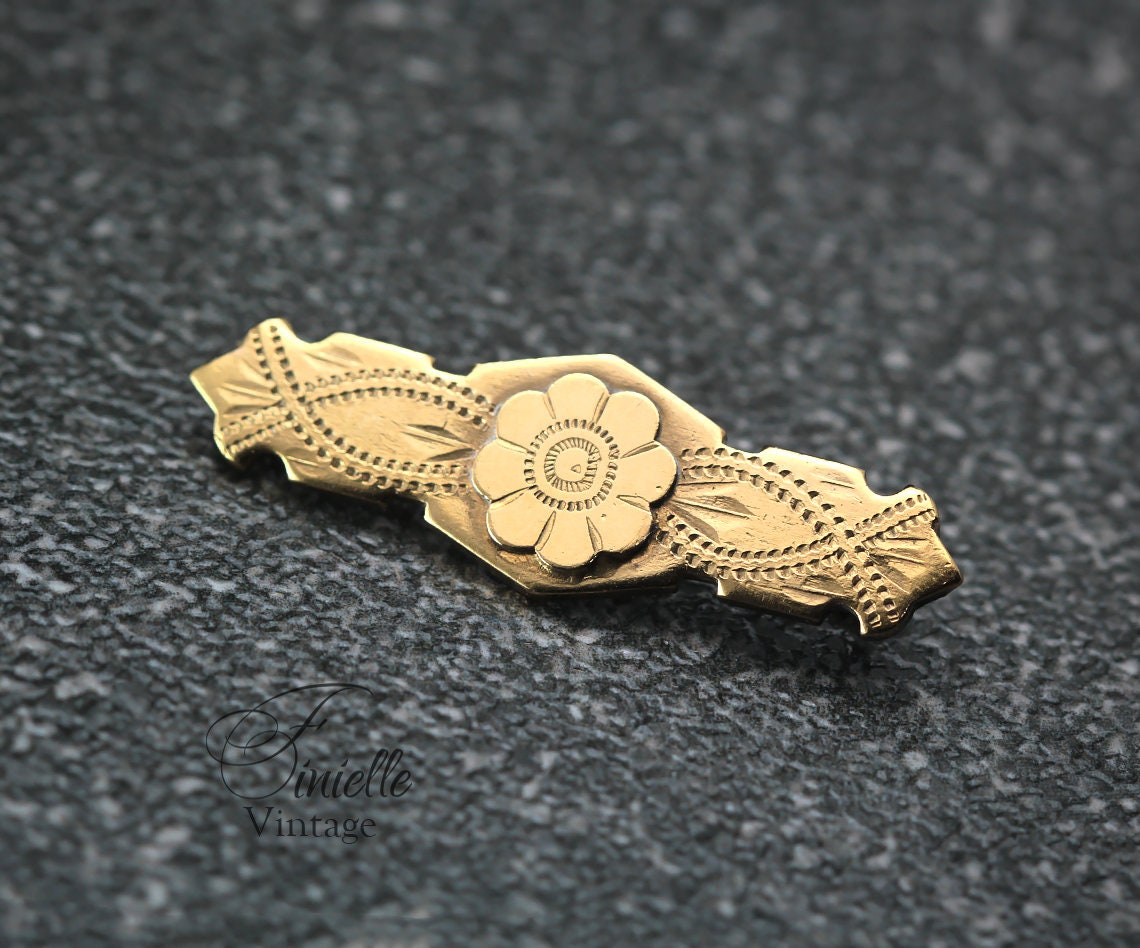 Antique Victorian Era c1880-1900 Hand Carved Small Floral Brooch Pin, Gold Filled Brass, Unique Gift Jewelry Jewellery