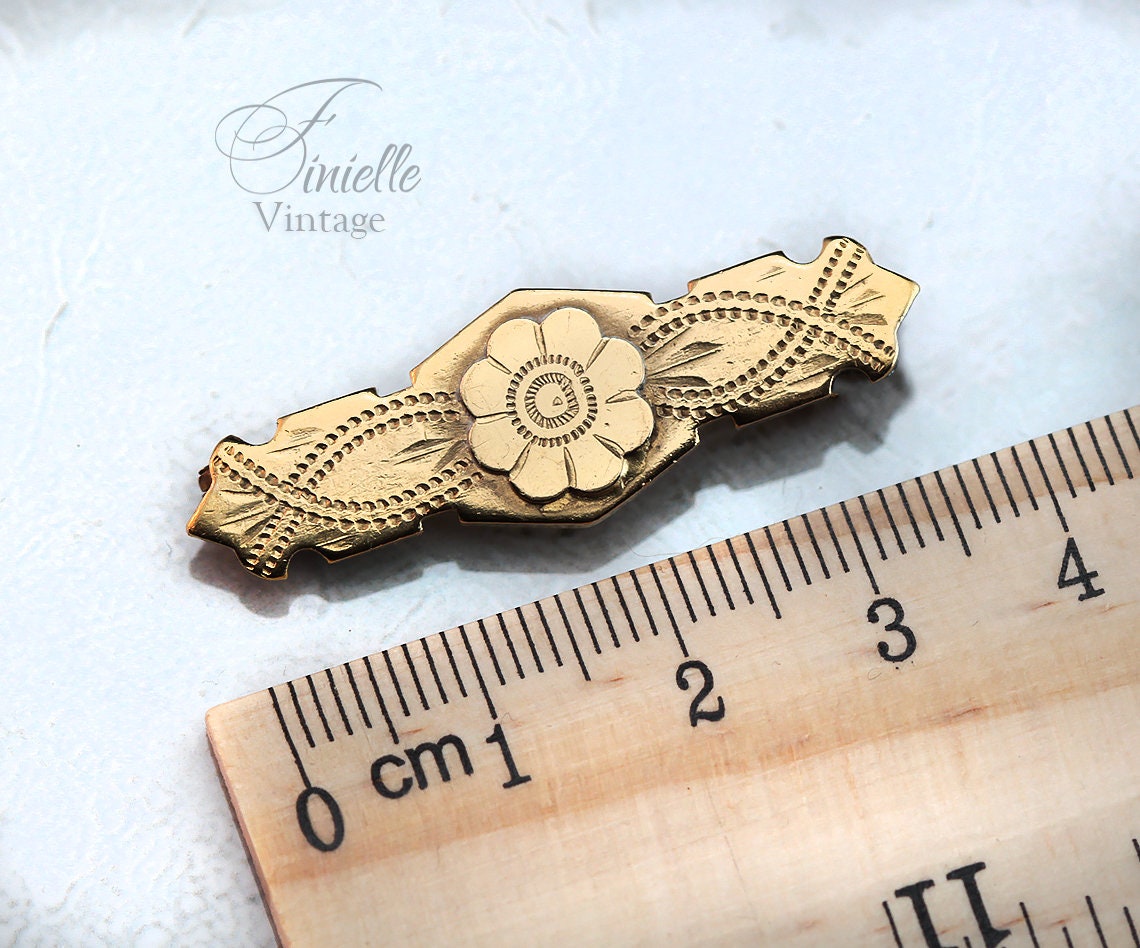 Antique Victorian Era c1880-1900 Hand Carved Small Floral Brooch Pin, Gold Filled Brass, Unique Gift Jewelry Jewellery