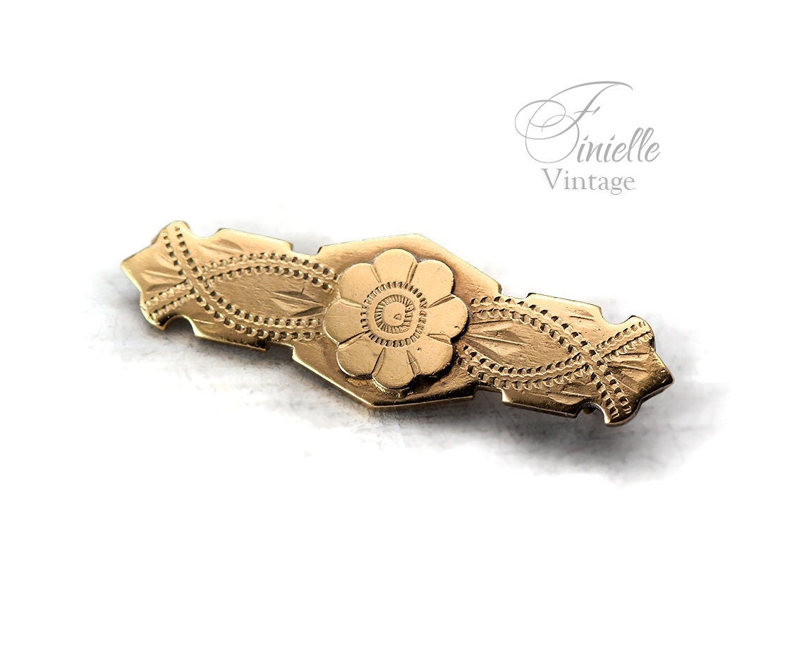 Antique Victorian Era c1880-1900 Hand Carved Small Floral Brooch Pin, Gold Filled Brass, Unique Gift Jewelry Jewellery