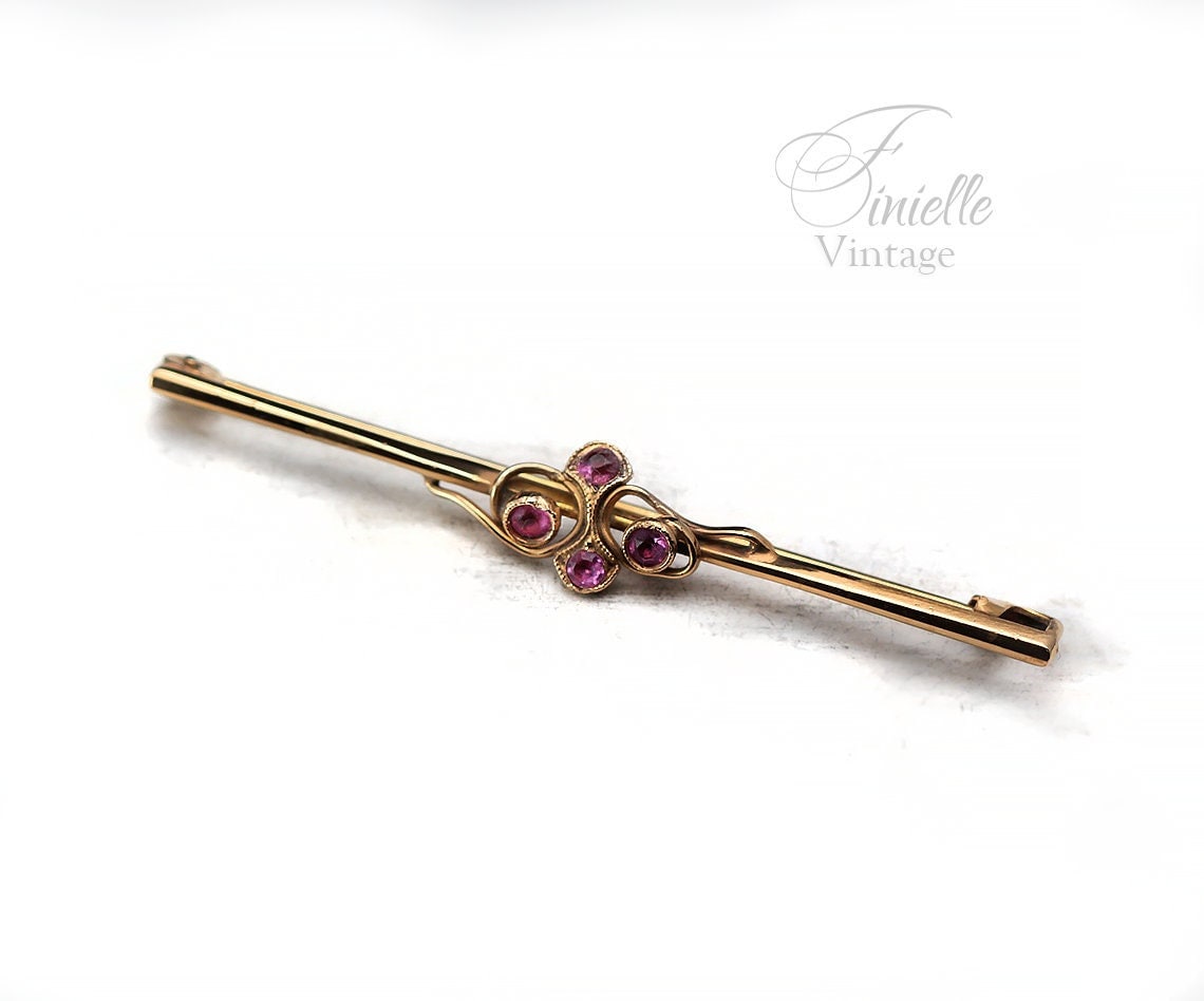 Antique Circa 1910 Edwardian Yellow Gold Plated Brooch, Pink Topaz Rhinestones, Unique Gift, Antique Jewelry Jewellery