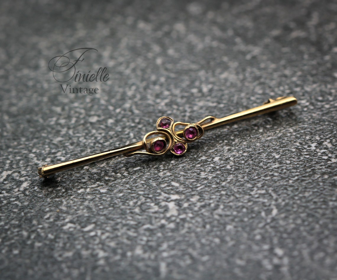 Antique Circa 1910 Edwardian Yellow Gold Plated Brooch, Pink Topaz Rhinestones, Unique Gift, Antique Jewelry Jewellery