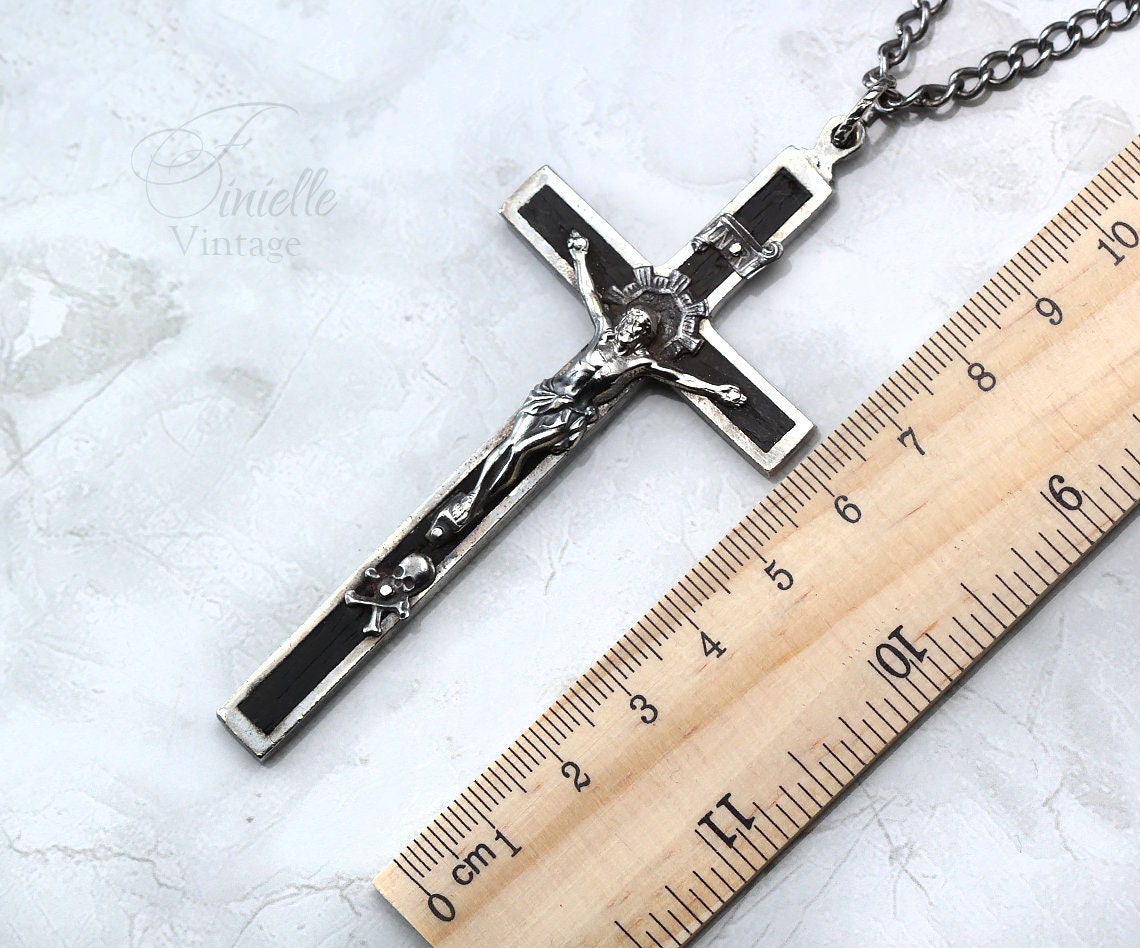 Antique, the Late 1800s Large Crucifix, Cross Catholic Medallion Necklace Pendant, Holy Charm, Silver Plated Brass, Ebony, Victorian, Gothic