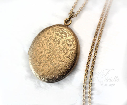 Vintage c1930-40s Engraved Ornate Oval 2 Photo Large Locket Pendant, 19" Necklace, Gold Plated Brass, Unique Gift Vintage Jewelry Jewellery