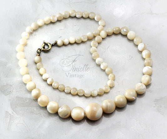 Antique, Vintage Art Deco c1920-1930s Mother of Pearl Round Beaded Strand Necklace, 73pcs, 40cm / 16'' Length, Unique Gift Jewelry Jewellery