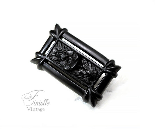 Antique Victorian 1800s Black Mourning Whitby Jet Carved Brooch Pin, Floral Flower Leaves Relief, Antique Goth Jewelry Jewellery