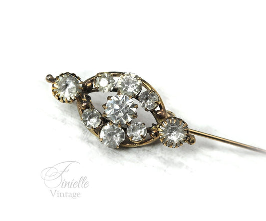 Antique Edwardian Brooch Pin, White Crystal Rhinestones, Gilded Brass, Unique Gift Jewellery Jewelry