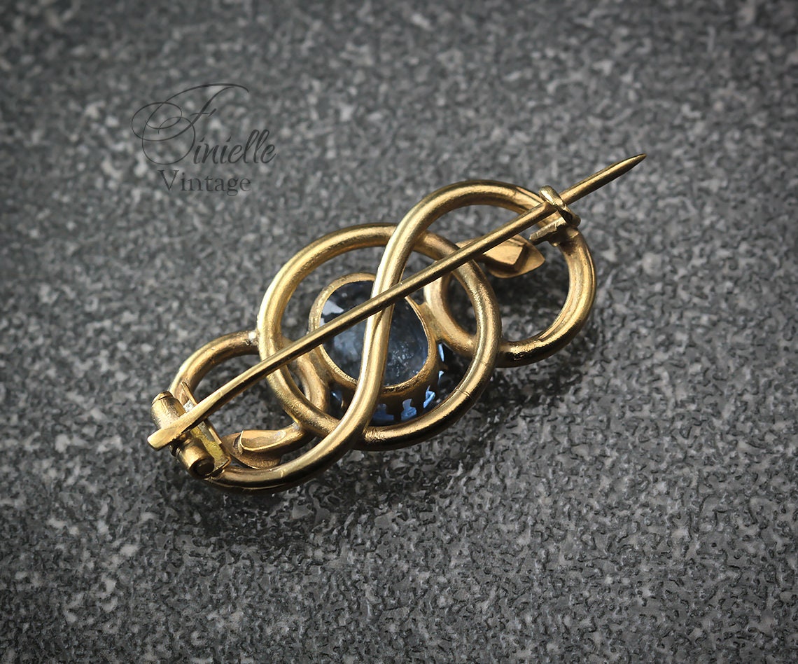 Antique Victorian c1850-1900 Gold-plated Eternal Love Celtic Style Love Knot Brooch Pin, Blue Topaz Glass, Unique Gift Jewellery