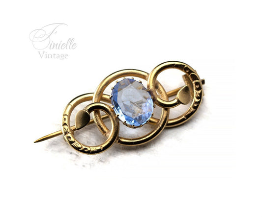 Antique Victorian c1850-1900 Gold-plated Eternal Love Celtic Style Love Knot Brooch Pin, Blue Topaz Glass, Unique Gift Jewellery