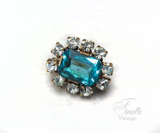 Art Deco Bohemian 1920-1930s Czech Brooch Pin, Blue Glass Topaz, White Crystal Rhinestone, Gilded Brass, Unique Gift Jewelry Jewellery