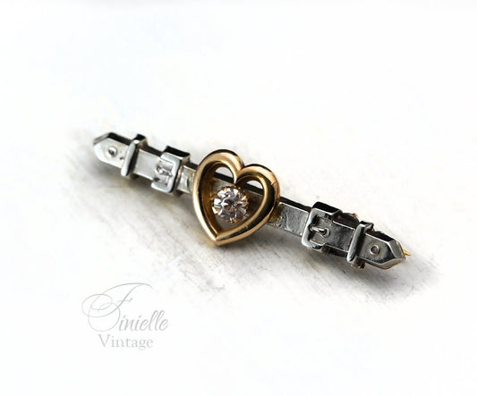 Antique Edwardian c1910 Heart, Belt Brooch, Front 9Ct Gold and Silver, Pink Crystal Rhinestone, Antique Vintage Gift Jewelry Jewellery