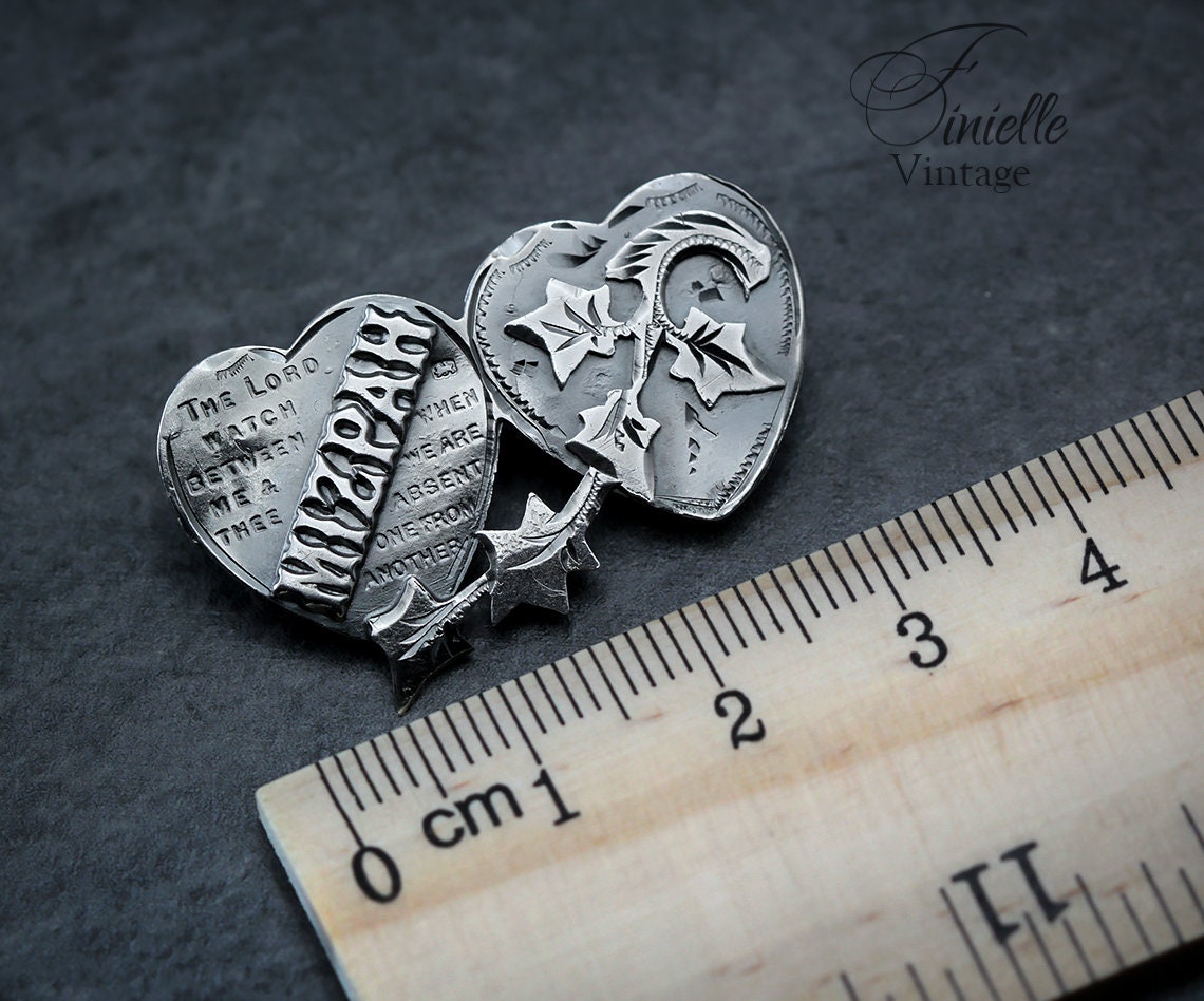 Antique Victorian Style, Hallmarked 1916, Sterling Silver Hearts Floral Mizpah Brooch, Pearce and Thompson Birmingham, Unique Gift Jewelry