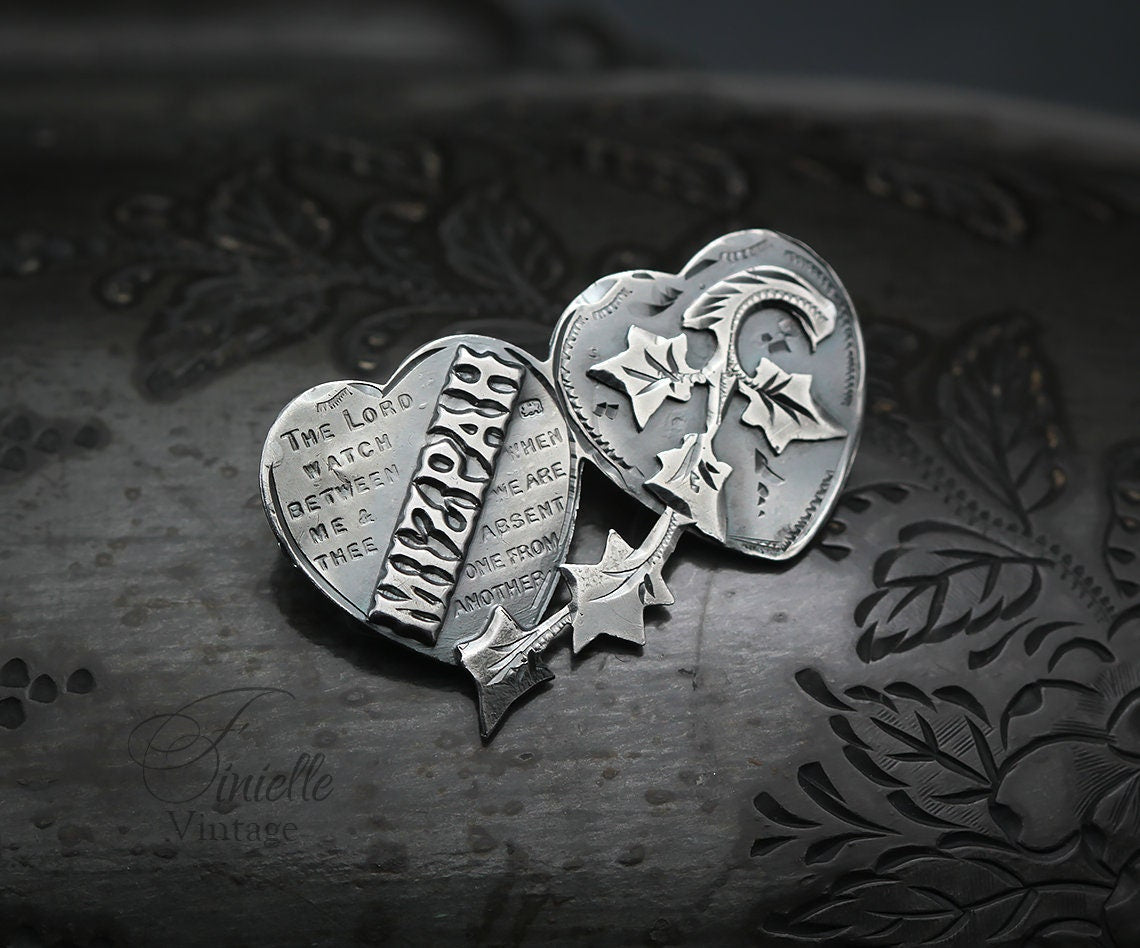 Antique Victorian Style, Hallmarked 1916, Sterling Silver Hearts Floral Mizpah Brooch, Pearce and Thompson Birmingham, Unique Gift Jewelry