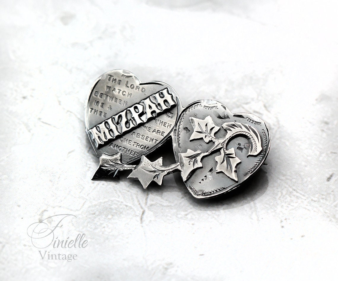 Antique Victorian Style, Hallmarked 1916, Sterling Silver Hearts Floral Mizpah Brooch, Pearce and Thompson Birmingham, Unique Gift Jewelry