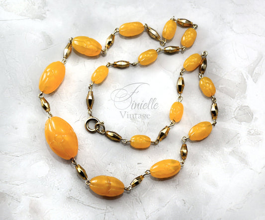 Antique Art Deco 1920s Czech Craftsmanship Bohemian Gold Yellow, Butterscotch Art Glass Beaded Necklace, Gold Tone, Unique Jewelry Jewellery