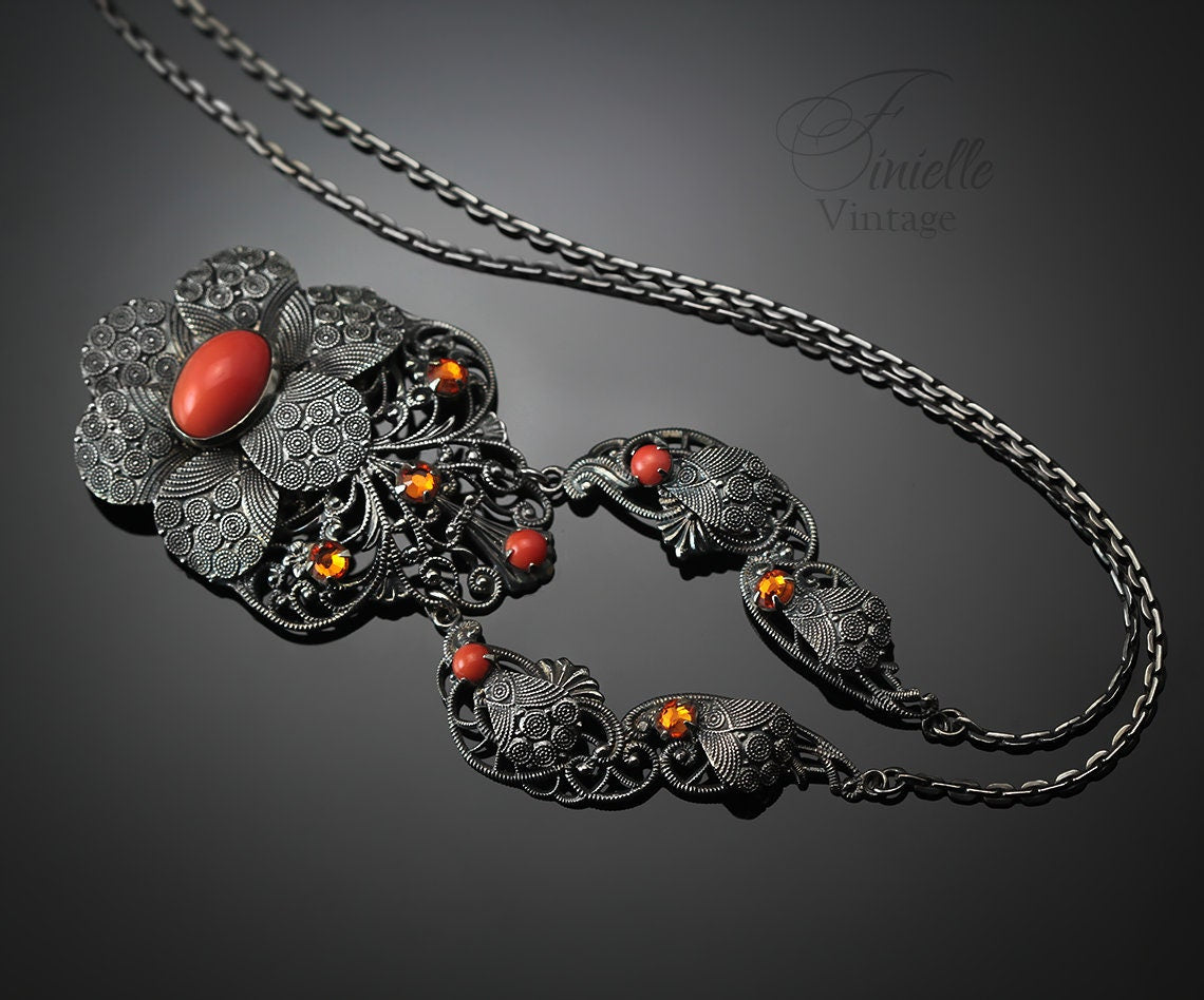 Vintage Art Deco 1930s, Czech Bohemian Filigree Ornate Unique Necklace, Coral Glass, Citrine Crystal Rhinestones, Antique Silver Plated