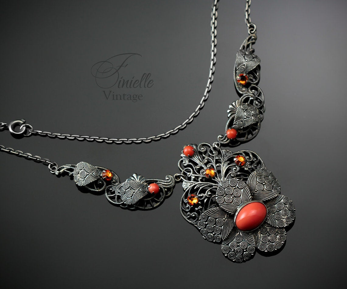 Vintage Art Deco 1930s, Czech Bohemian Filigree Ornate Unique Necklace, Coral Glass, Citrine Crystal Rhinestones, Antique Silver Plated