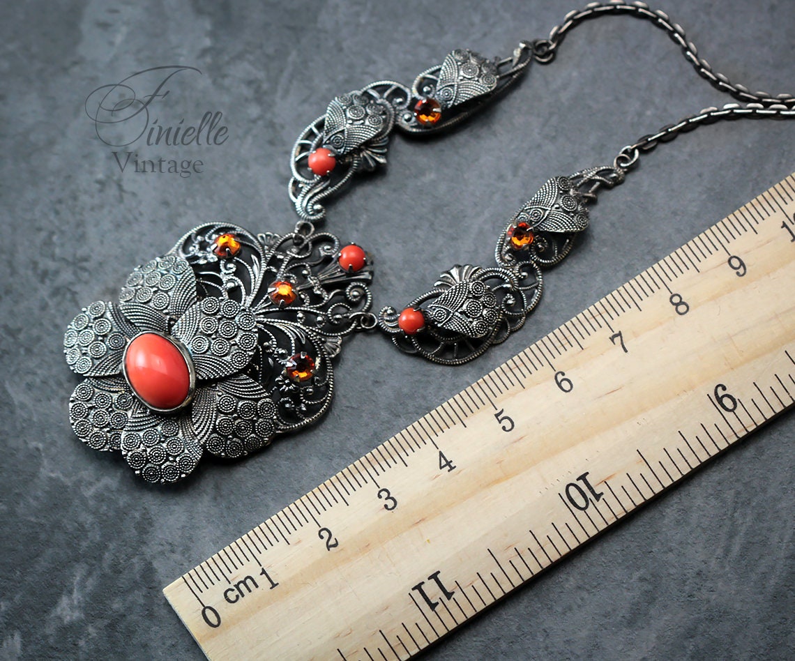 Vintage Art Deco 1930s, Czech Bohemian Filigree Ornate Unique Necklace, Coral Glass, Citrine Crystal Rhinestones, Antique Silver Plated