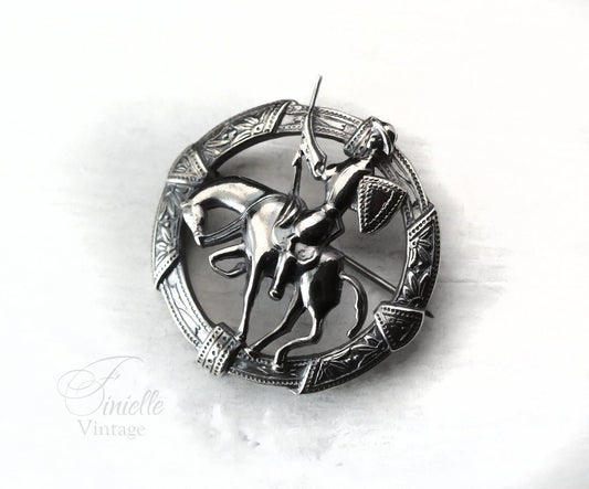Silver Plated, Antique Vintage 1920-1940 Art Deco round Brooch Pin, Toledo Don Quixote On Horseback, Unique Gift Jewelry Jewellery