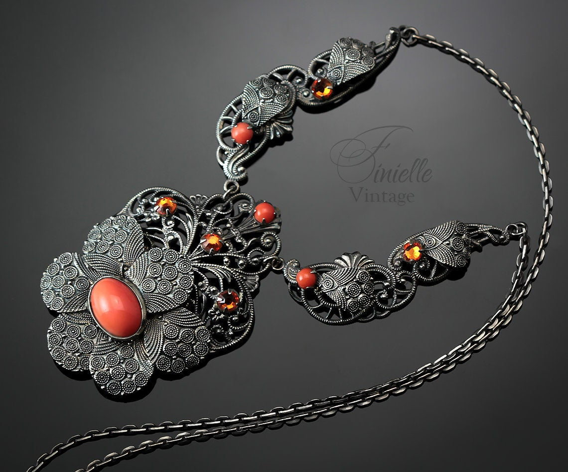 Vintage Art Deco 1930s, Czech Bohemian Filigree Ornate Unique Necklace, Coral Glass, Citrine Crystal Rhinestones, Antique Silver Plated