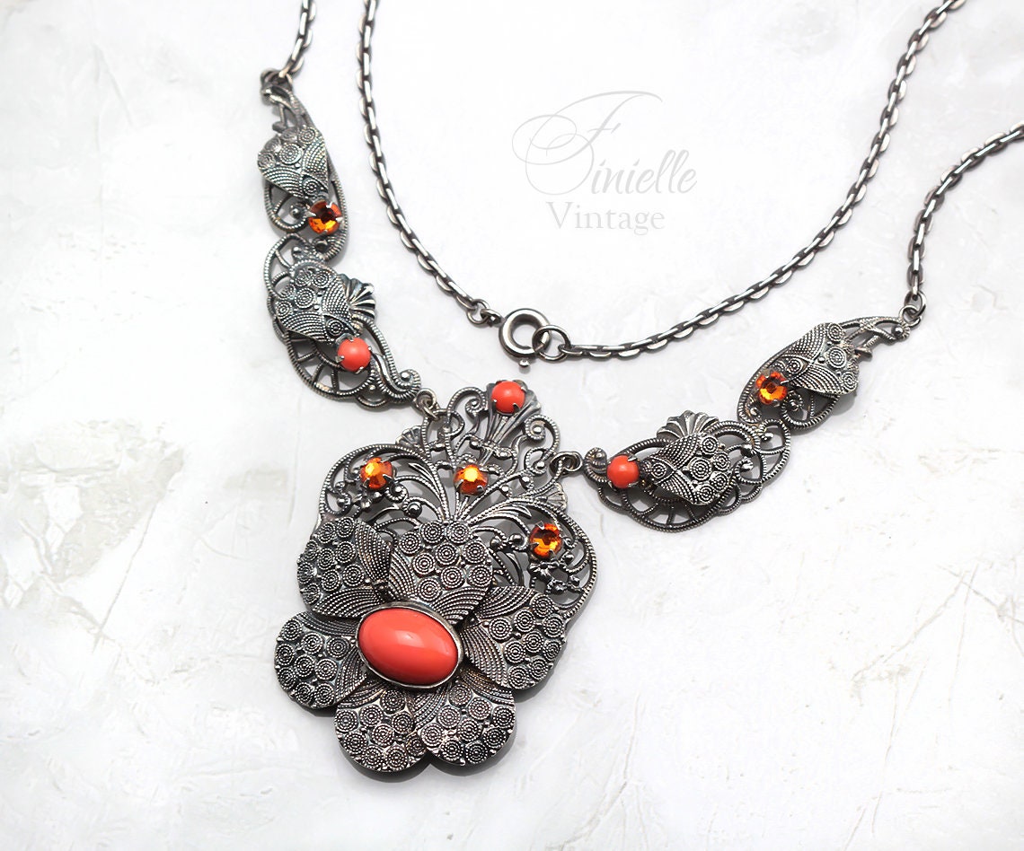 Vintage Art Deco 1930s, Czech Bohemian Filigree Ornate Unique Necklace, Coral Glass, Citrine Crystal Rhinestones, Antique Silver Plated