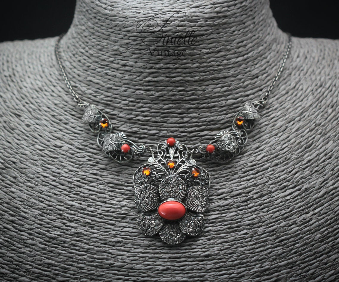 Vintage Art Deco 1930s, Czech Bohemian Filigree Ornate Unique Necklace, Coral Glass, Citrine Crystal Rhinestones, Antique Silver Plated