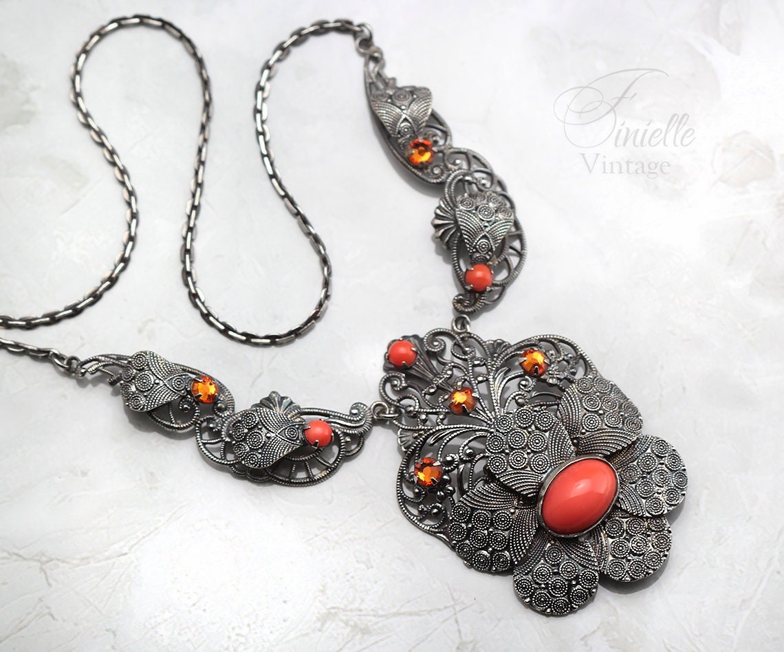 Vintage Art Deco 1930s, Czech Bohemian Filigree Ornate Unique Necklace, Coral Glass, Citrine Crystal Rhinestones, Antique Silver Plated